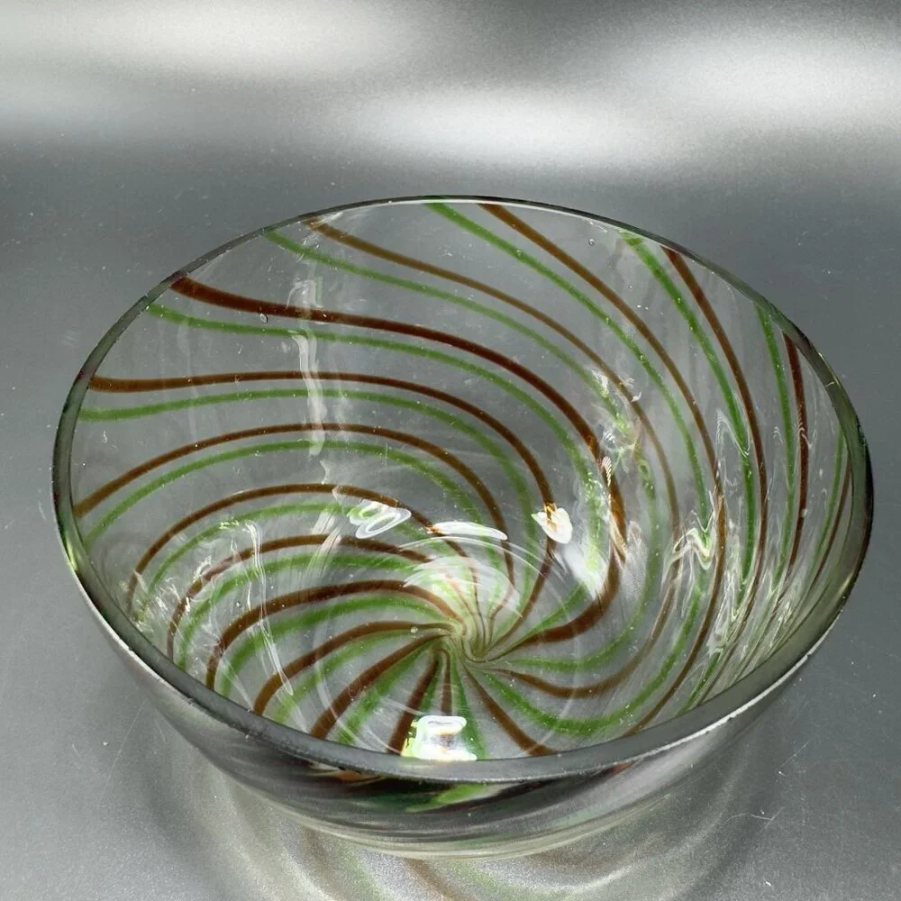 Vintage Molded Glass Dish Bowl With‎ Green Red Swirls Clear Glass Container Bowl